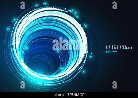 Abstract tunnel vortex background with blue glowing spiral rings, futuristic circle banner template design Stock Vector