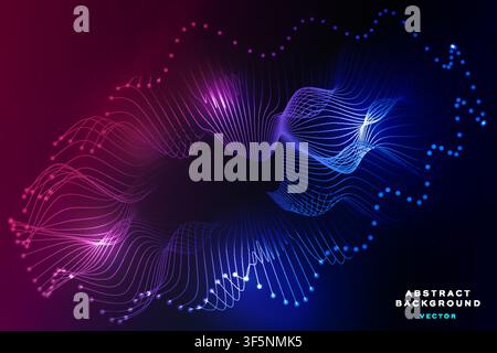 Abstract wave line background with pink blue glowing dotted flow, futuristic digital sound banner template design Stock Vector