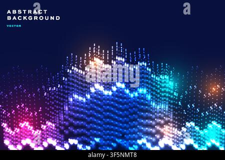 Abstract particle wave background with colorful glowing dot mountain, futuristic digital banner template design. Stock Vector