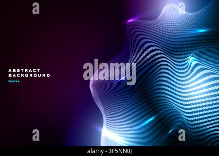Abstract 3D wave background with blue purple glowing dotted texture, futuristic tech flow banner template design. Stock Vector