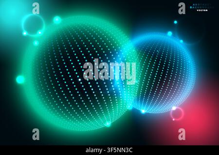 Abstract 3D sphere background with green blue glowing dotted circles, futuristic bokeh banner template design. Stock Vector