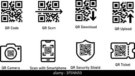A collection of black line QR code icons isolated on a white background including scanning, downloading, uploading, smartphone reader, security shield Stock Vector
