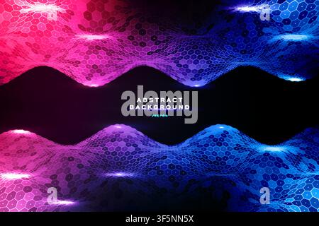 Abstract hexagon wave background with pink blue glowing honeycomb pattern, futuristic tech banner template design. Stock Vector