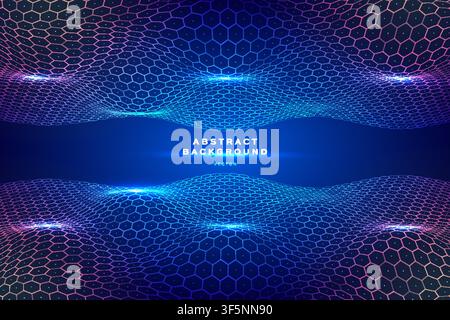 Abstract hexagon wave background with blue pink glowing honeycomb pattern, futuristic tech banner template design Stock Vector