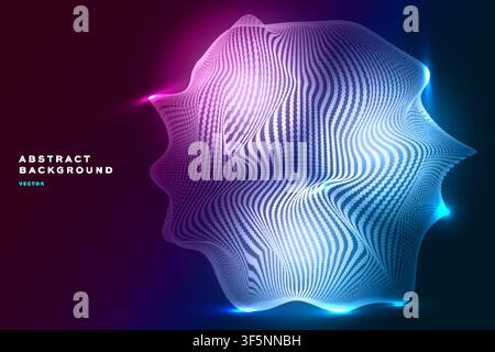 Abstract 3D wavy sphere background with blue pink glowing line texture, futuristic tech banner template design Stock Vector
