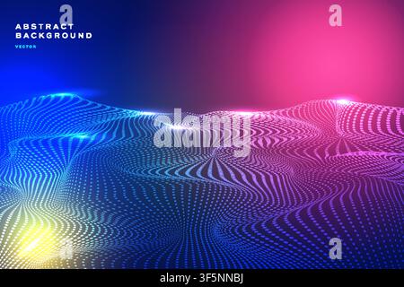 Abstract dot wave landscape background with blue pink glowing particle terrain, futuristic tech banner template. Stock Vector