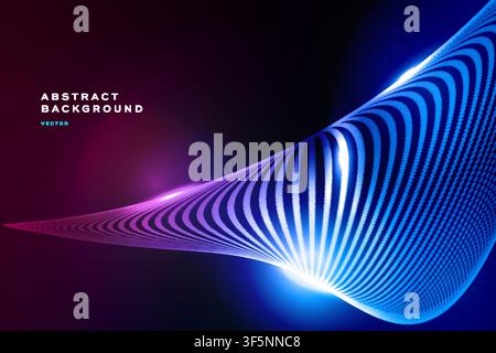 Abstract 3D wave background with blue purple glowing line stripes, futuristic tech flow banner template design. Stock Vector