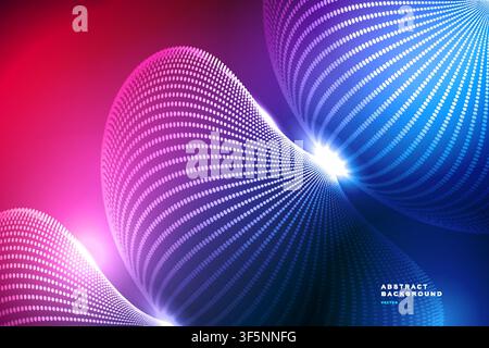 Abstract 3D wave background with pink blue dotted sphere design, glowing halftone pattern, futuristic banner template. Stock Vector