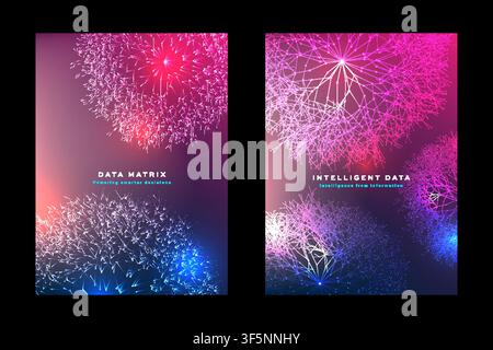 Data matrix technology poster set with neural network design, intelligent data connection, digital cover template. Stock Vector