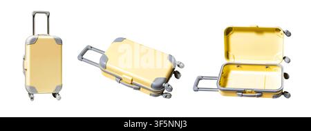 Yellow toy suitcase presenting travel and vacation concepts, isolated on white background Stock Photo