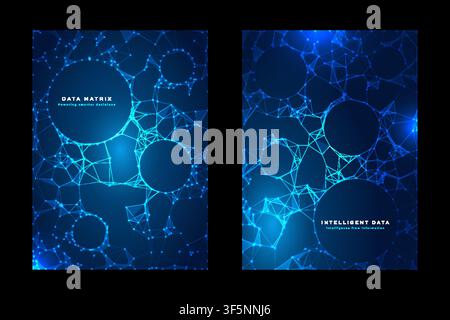 Data matrix intelligent poster set with blue network node design, digital technology, cover template design Stock Vector