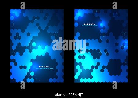 Big data blue hexagon poster set with glowing tech pattern, digital honeycomb background, cover template design Stock Vector