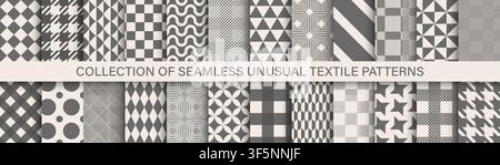 Collection of seamless geometric patterns in minimalist style. Elegant monochrome gray, white and cream textures set for repeatable unusual textile Stock Vector