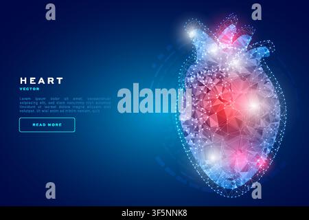 Human heart tech background with low poly polygon design, medical AI technology, digital banner template design. Stock Vector