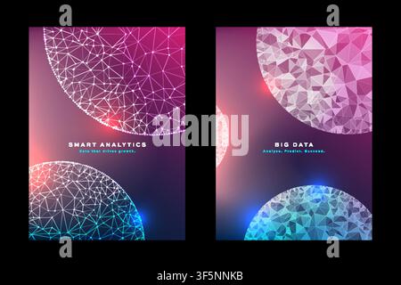 Smart analytics big data poster set with polygon network design, business technology, digital cover template. Stock Vector