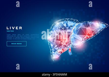Human liver tech background with low poly polygon design, medical AI technology, digital banner template design Stock Vector