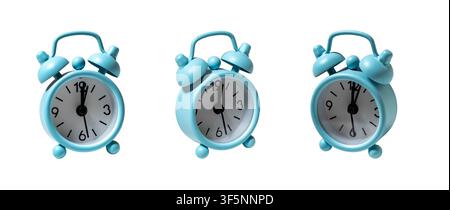 Blue alarm clocks on a white background representing time, deadlines, and wake up routine Stock Photo