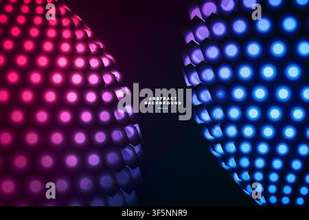 Abstract glowing dotted spheres vector background, pink-blue LED light bulb pattern globes on dark, futuristic tech design template. Stock Vector