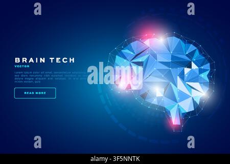 Brain tech background with low poly polygon design, AI technology, digital network banner template for business Stock Vector