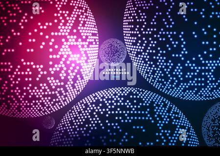 Abstract dotted spheres vector background, glowing pink-blue halftone dot pattern globes on dark, futuristic tech design template. Stock Vector