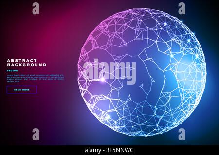 Abstract polygonal sphere vector background, glowing blue-pink wireframe globe network on dark gradient, futuristic tech design template. Stock Vector