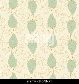Grape bunch seamless pattern with green berries and golden outline leaves on a cream background for wine labels, organic textile design, kitchen curtains, and eco friendly packaging. Vector illustration Stock Vector