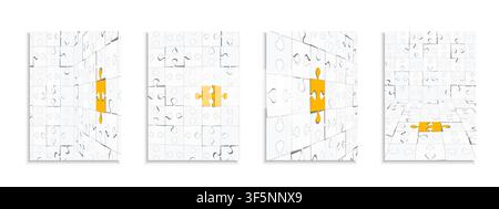 Vector business puzzle backgrounds set. White minimalist corporate cover templates collection with abstract geometric 3d perspective strategy textures Stock Vector