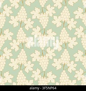 Grape bunch seamless pattern with cream silhouette berries and golden outline leaves on a sage green background for wine branding, textile design, vintage wallpaper, and elegant packaging. Vector illustration Stock Vector