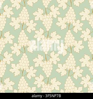 Grape bunch seamless pattern with cream silhouette berries and golden outline leaves on a sage green background for wine branding, textile design, vintage wallpaper, and elegant packaging. Vector illustration Stock Vector