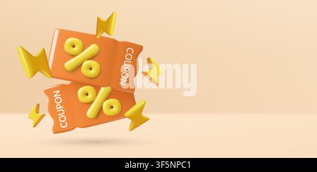 Flash Sale 3D Coupons with Percentage and Lightning icons on Orange Background Stock Vector