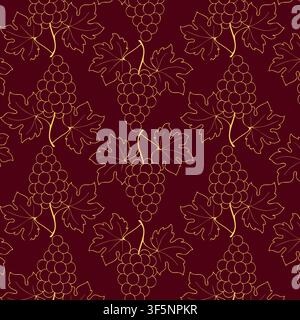 Grape bunch seamless pattern with luxury golden outline leaves and berries on a dark burgundy wine background for premium product packaging, textile design, luxury wallpaper, and restaurant menus. Vector illustration Stock Vector
