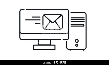 Desktop computer tower and monitor with email envelope symbol on screen vector icon. Stock Vector