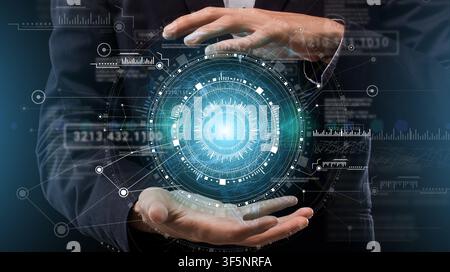 Futuristic innovations and smart technologies. Collage of young businessman holding virtual circle holographic panel Stock Photo