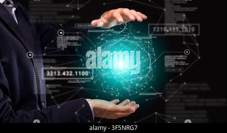 Modern technologies in business. Collage of entrepreneur holding virtual hologram and digital interface with information Stock Photo