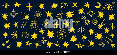 Sparkling hand-drawn star sketches with glitter and shine effects. Line art icons featuring magic sparkles, twinkle elements, and decorative light Stock Vector