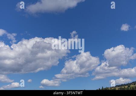 A horizontal landscape shot capturing a continuous lower band of fluffy white cumulus cloud formations extending across a bright blue summer sky. Stock Photo