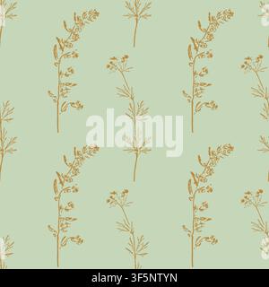Wild meadow herbs print seamless pattern with golden ochre textured stamps on a sage green background for organic cosmetics packaging, bedding textile, eco friendly wrapping paper, and rustic wallpape. Vector illustration Stock Vector