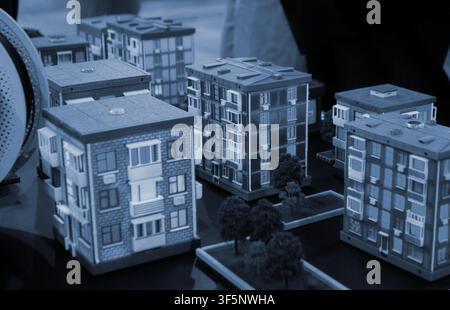 Art models buildings printed on 3D printer. Different objects created on 3D printer from molten plastic. 3D printed different objects. Modern new modern additive progressive technologies. 3D printing Stock Photo