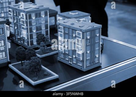 Art models buildings printed on 3D printer. Different objects created on 3D printer from molten plastic. 3D printed different objects. Modern new modern additive progressive technologies. 3D printing Stock Photo