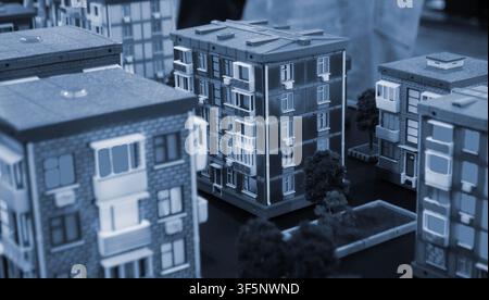 Art models buildings printed on 3D printer. Different objects created on 3D printer from molten plastic. 3D printed different objects. Modern new modern additive progressive technologies. 3D printing Stock Photo