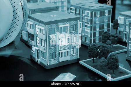 Art models buildings printed on 3D printer. Different objects created on 3D printer from molten plastic. 3D printed different objects. Modern new modern additive progressive technologies. 3D printing Stock Photo