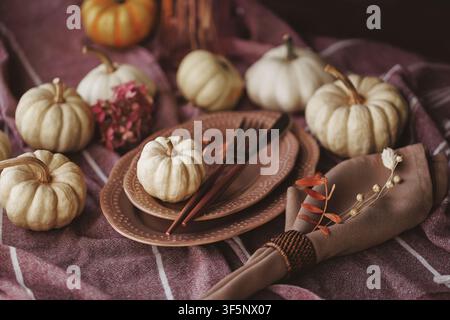 Elegant Thanksgiving table setting with pumpkins and rustic decor Stock Photo