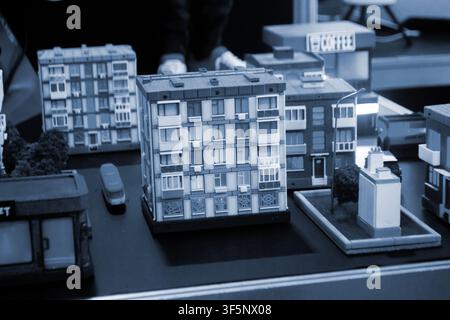 Art models buildings printed on 3D printer. Different objects created on 3D printer from molten plastic. 3D printed different objects. Modern new modern additive progressive technologies. 3D printing Stock Photo