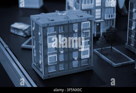 Art models buildings printed on 3D printer. Different objects created on 3D printer from molten plastic. 3D printed different objects. Modern new modern additive progressive technologies. 3D printing Stock Photo