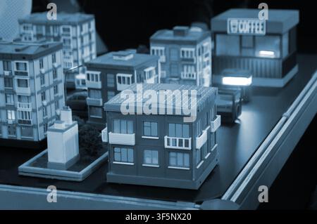 Art models buildings printed on 3D printer. Different objects created on 3D printer from molten plastic. 3D printed different objects. Modern new modern additive progressive technologies. 3D printing Stock Photo