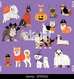 Cute collection of different dog breeds wearing Halloween costumes, including vampire, pirate, witch, mummy, ghost, devil, bat, bee, and butterfly Stock Vector