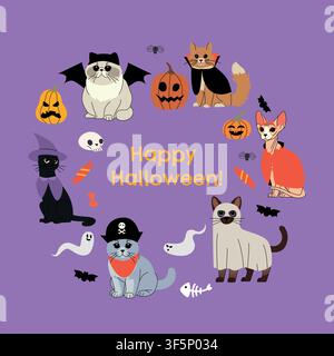 Cute illustrated cats wearing Halloween costumes, including pirate, ghost, witch, devil, vampire, and bat outfits, isolated on a white background. Stock Vector