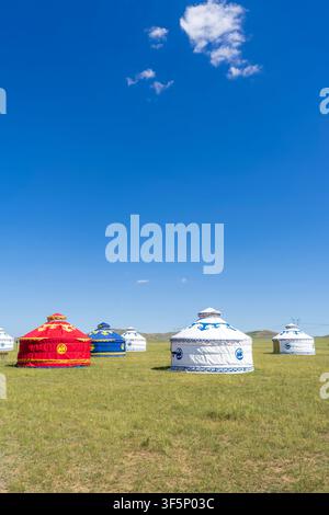 A traditional Mongolian ger yurt with a white canvas covering and an ...