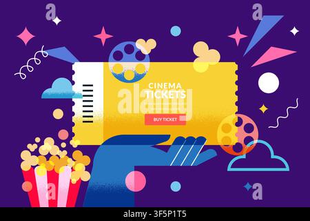 Cinema ticket banner with hand holding ticket, popcorn and movie reels. Vector flat geometric illustration. Design elements for movie night poster, fi Stock Vector