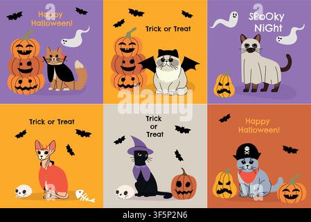 Set of six Halloween greeting card designs featuring cute cats in vampire, bat, ghost, devil, witch and pirate costumes with pumpkins, bats, ghosts Stock Vector